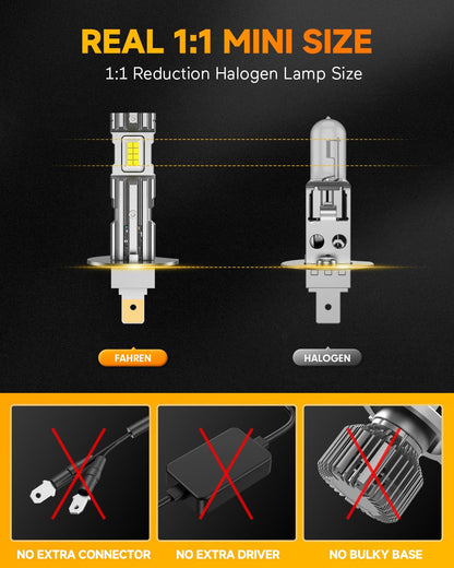 FAHREN 2025 Upgraded H1 Bulb, 1:1 Mini Size H1 Fog Light Bulbs, Plug and Play No Adapter Required Non-Polarity, Super Bright 6500K, IP68 Waterproof Pack of 2