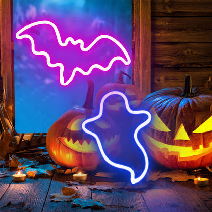 2 Pack Halloween Decoration LEDs Neon Sign Light Ghost Neon Sign Bat Lights Neon Signs Hanging Neon Signs for Halloween Party Decorations Indoor Home Window Decorations(Batteries Not Included)