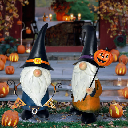 HONGLAND Halloween Gnomes Yard Art - Metal Gnome Statue Garden Decor- 3D Spring Gnome Halloween Decorations - Ghost Pumpkin Decor- Thanksgiving for Mom, Lawn Patio Yard Garden Decor