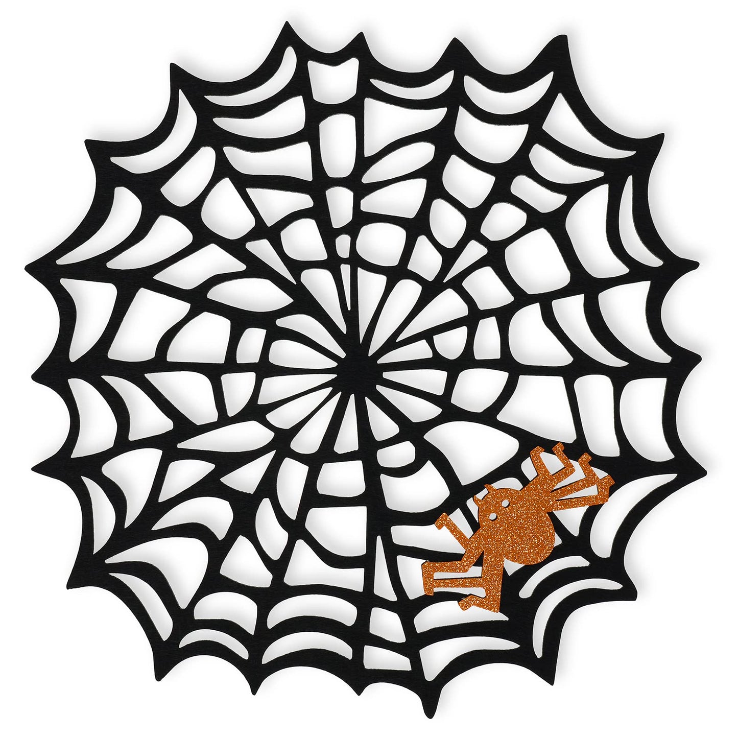 Feuille Round Halloween Placemats Set of 4 13.5 Inch Black Spider Web Placemats with Orange Glitter Felt Spider Placemats Perfect for Halloween Decorations Indoor