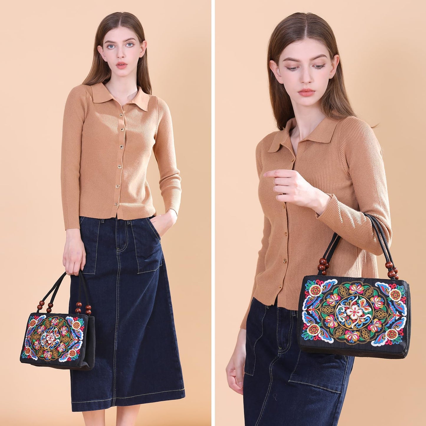 Jursccu Double-Sided Embroidery Totes Bag Travel Beach Bag Vintage Embroidery Ethnic Shoulder Bags