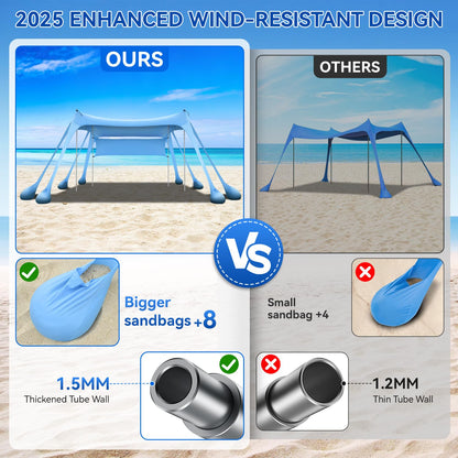 Large Beach Canopy UPF80+ Uv Protection Beach Tents Sun Shelter, Beach Shade Canopy with 8 Sandbags, 4 Stability Poles, Sand Shovel Ground Pegs for Outdoor Camping, Picnics (10x10ft, Sky Blue)