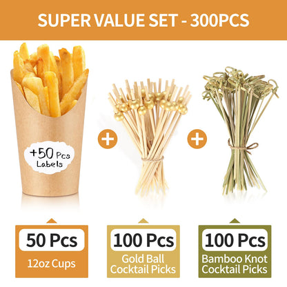 50 Charcuterie Cups with Sticks + 200 Cocktail Picks + 50 Labels, Disposable French Fry Holder with Bamboo Skewers Toothpicks, 12 oz Brown Kraft Paper Appetizer Cups Charcuterie Boards Accessories