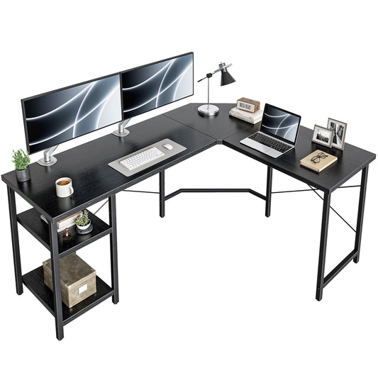 CubiCubi L Shaped Desk, 59.1 Inch Reversible Corner Desk with Storage Shelves, Home Office Desk for Writing Gaming Study, Black