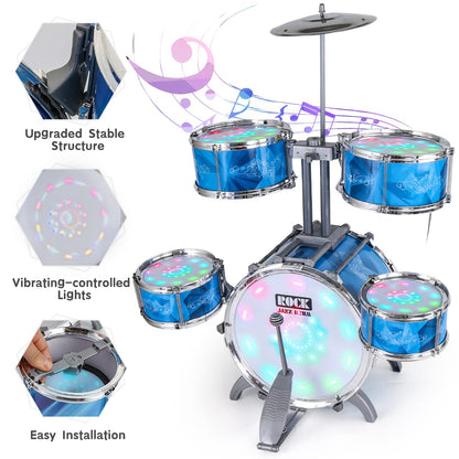 Kids Drum Set for Toddlers with 5 Jazz Drum Kit & Lights (Vibrating-Controlled) & Alloy, Musical Instruments Toys, Boys Gifts for Aged 1-3 3-5