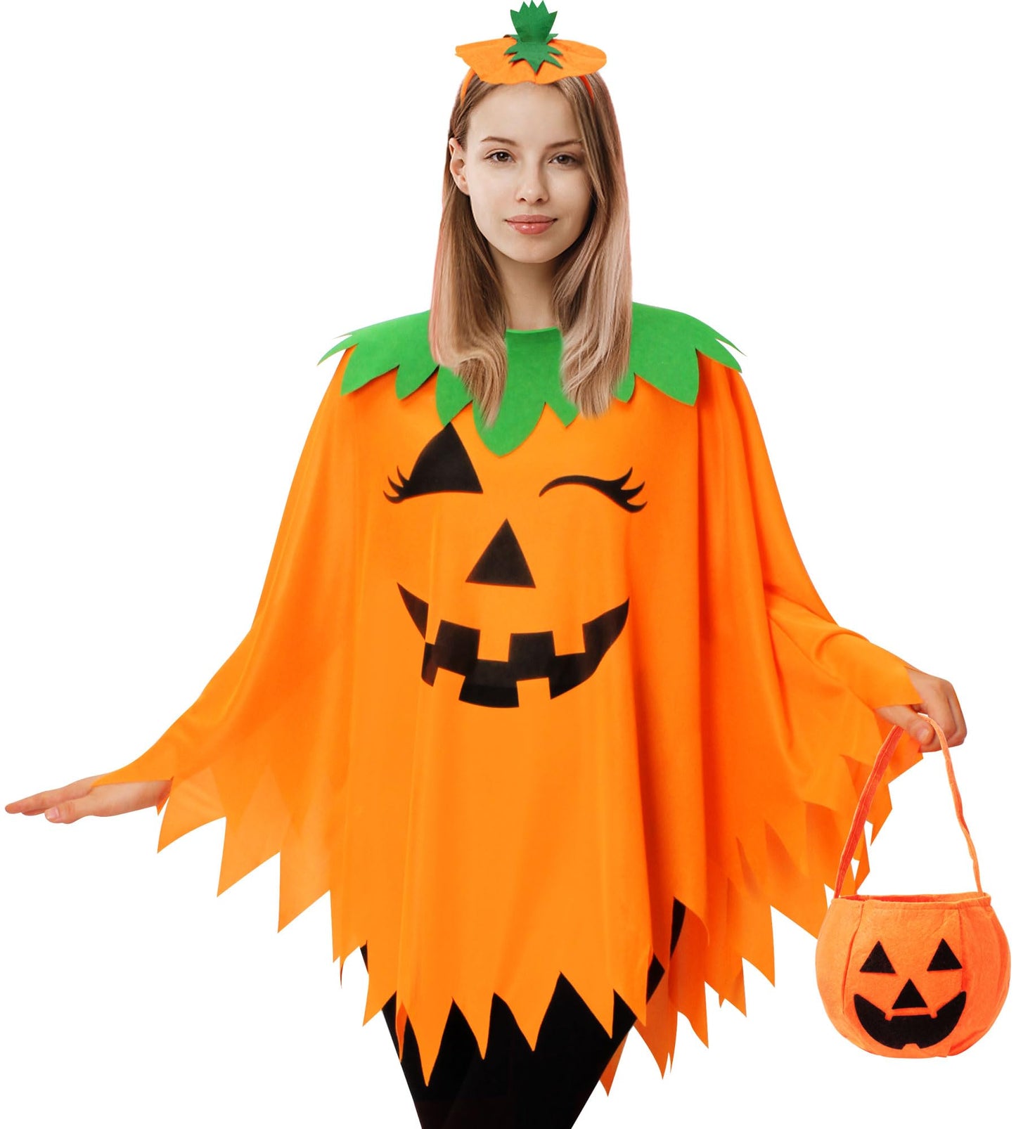 KOFECIT 3 PCS Halloween Pumpkin Poncho for Women,Pumpkin Cape Costume with Headband and Candy Bag,Halloween Costume for Women Adults
