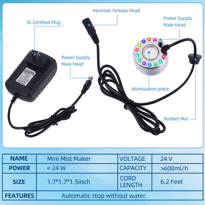 2 Pcs Mist Maker Fogger Small Ultrasonic Fog Machine Fountain Halloween Cauldron Mister Fogger Water Garden Pond Foggers Air Humidifier with 12 LED Light Flashes for Party(Light, Alloy)