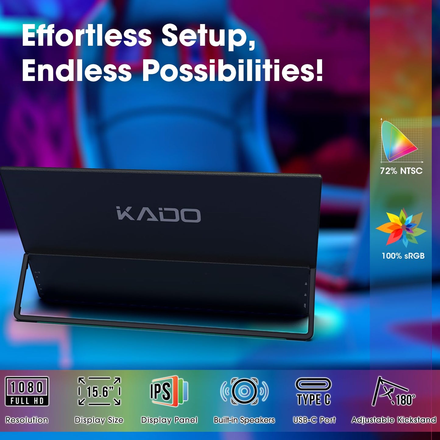 Kado Portable Monitor 15.6-Inch FHD 1080p, USB-C mini-HDMI Gaming Monitor IPS Display Built-in Speakers, External Display 180° Kickstand Wall/Arm Mount for Laptop PC Phone Mac Xbox PS4/PS5 Switch