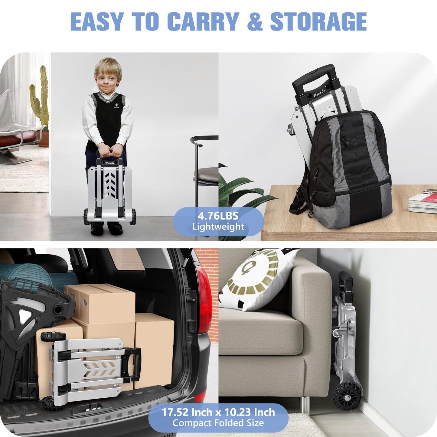 KEDSUM 270LBS Utility Luggage Cart with 4 Wheels, 100% Aluminum Hand Truck Dolly, Folding Hand Truck with Advanced Tank Wheels, Portable Dolly Cart for Luggage, Travel, Shopping, Office Use