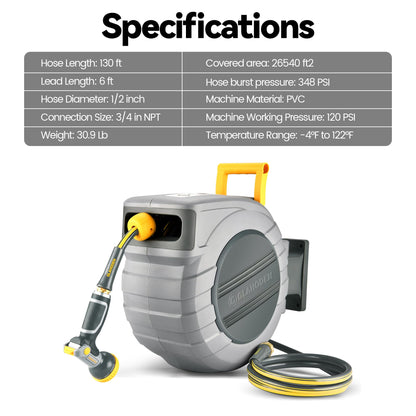 GLAHODEN Retractable Garden Hose Reel 1/2 in x 130 ft, 2025 Upgraded Dual Ratchet Lock UV & Freeze Protection Brass Seal Slow Retraction Anti-Tangle Hose 180°Swivel Reinforced Scaffold Wall Mount