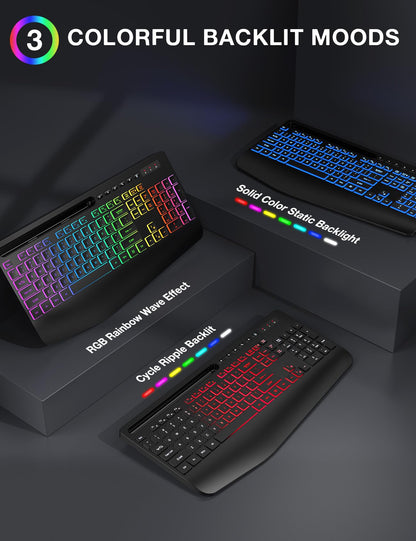 Wireless Keyboard and Mouse Combo, 9 Backlit Effects, Wrist Rest, Phone Holder, 2.4G Lag-Free Ergonomic Keyboards, Rechargeable Silent Cordless Set for Computer, Laptop, PC, Mac, Windows -SABLUTE