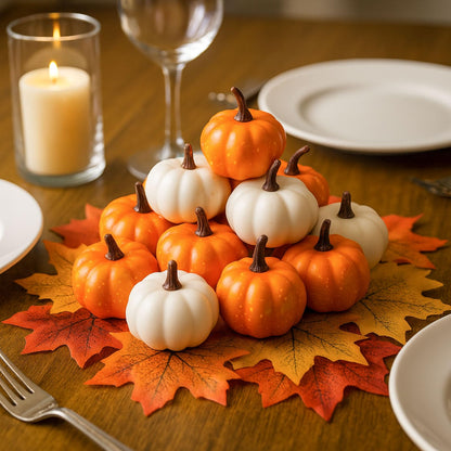 DomeStar 42 PCS Artificial Pumpkins Decorations, 12PCS Fake Pumpkins with 30Packs Maple Leaves and 1Packs String Lights for Fall Harvest Crafts Halloween Thanksgiving Decor