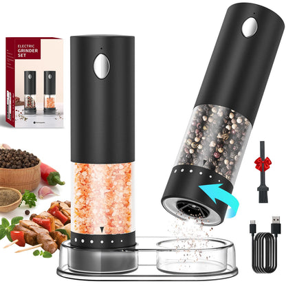 CIRCLE JOY Electric Salt and Pepper Grinder Set Rechargeable Salt and Pepper Mills with 6-Level External Adjustable Coarseness, White LED Light and Storage Base, Black