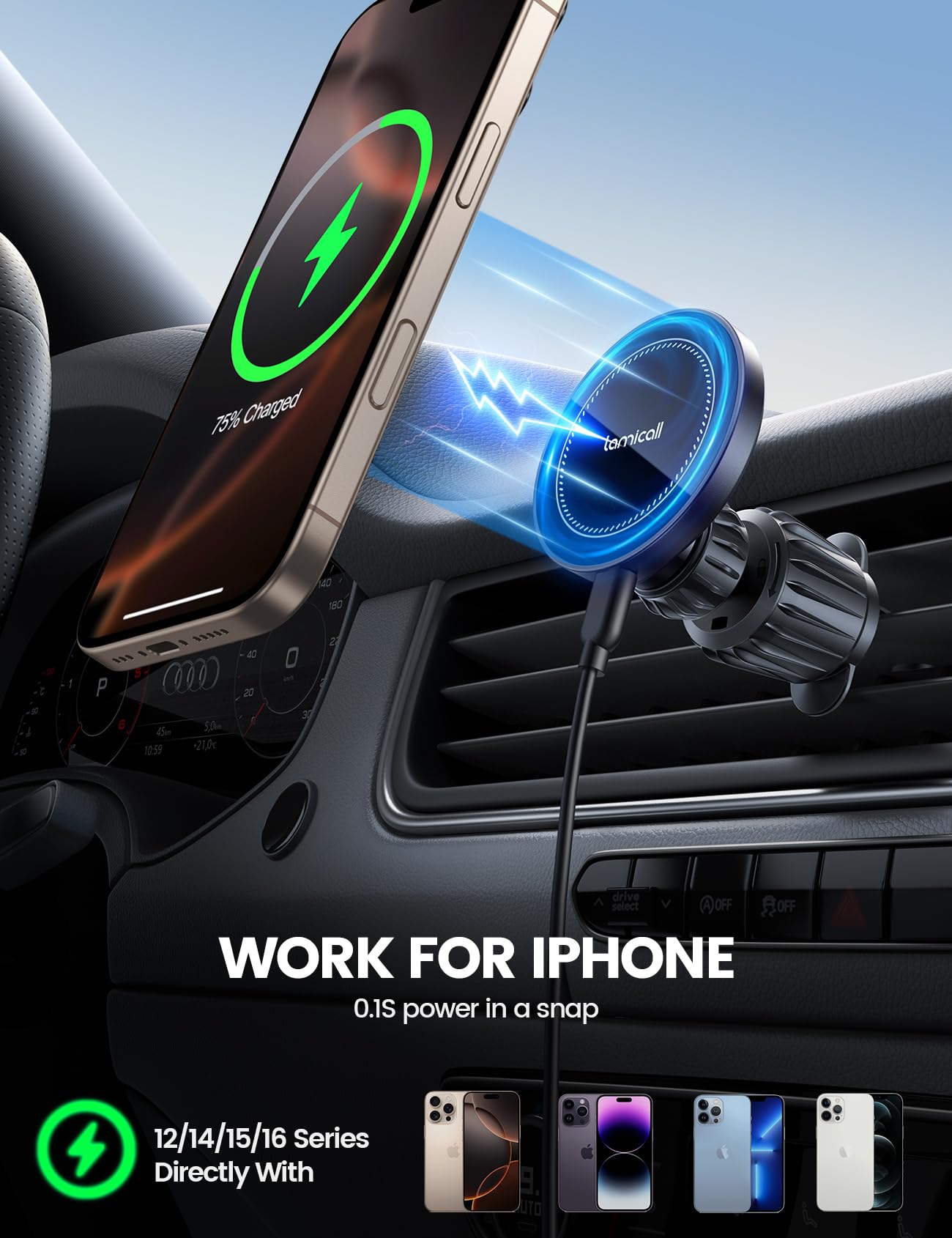 Lamicall 15W for Magsafe Car Mount Charger - [3-in-1 Upgraded Intelligent Chip] 360° Wireless Car Phone Holder Charger Vent Dashboard Magnetic Phone Holders for Your Car for iPhone 16 15 Pro Max