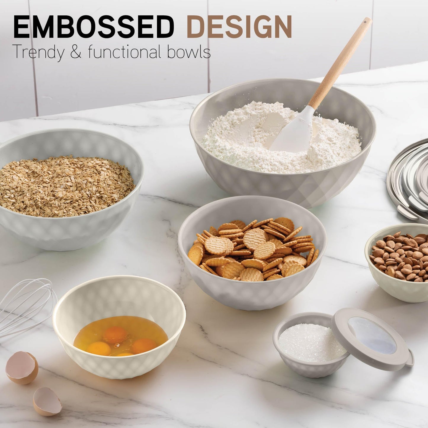 COOK WITH COLOR Mixing Bowls with Lids - 12 Piece Plastic Nesting Bowls Set includes 6 Prep Bowls and 6 Lids, Diamond Design - Microwave Safe