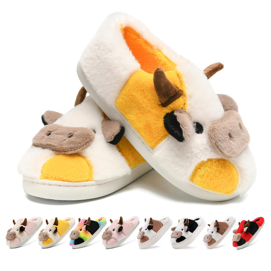 Cow Slippers for Women,Cartoon Animal Fuzzy Slippers,Winter Warm Women's House Slippers,Anti-Slip Indoor Outdoor for Man Wrap Heel White Yellow 38/39