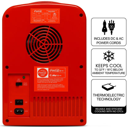 Coca-Cola Classic Coke Bottle 4L Mini Fridge w/ 12V DC and 110V AC Cords, 6 Can Portable Cooler, Personal Travel Refrigerator for Snacks Lunch Drinks Cosmetics, Desk Home Office Dorm, Red