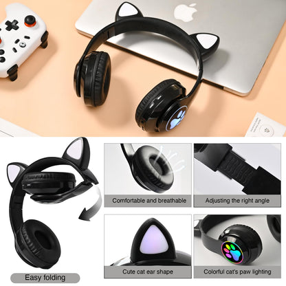 KERHAND Bluetooth Noise Cancelling Headphones for Kids,Foldable Cat Headphone with LED Light Up Ear,Cat Ear Headphones for Toddler with Microphone/TF Card,Kids Bluetooth Headphones for ipad
