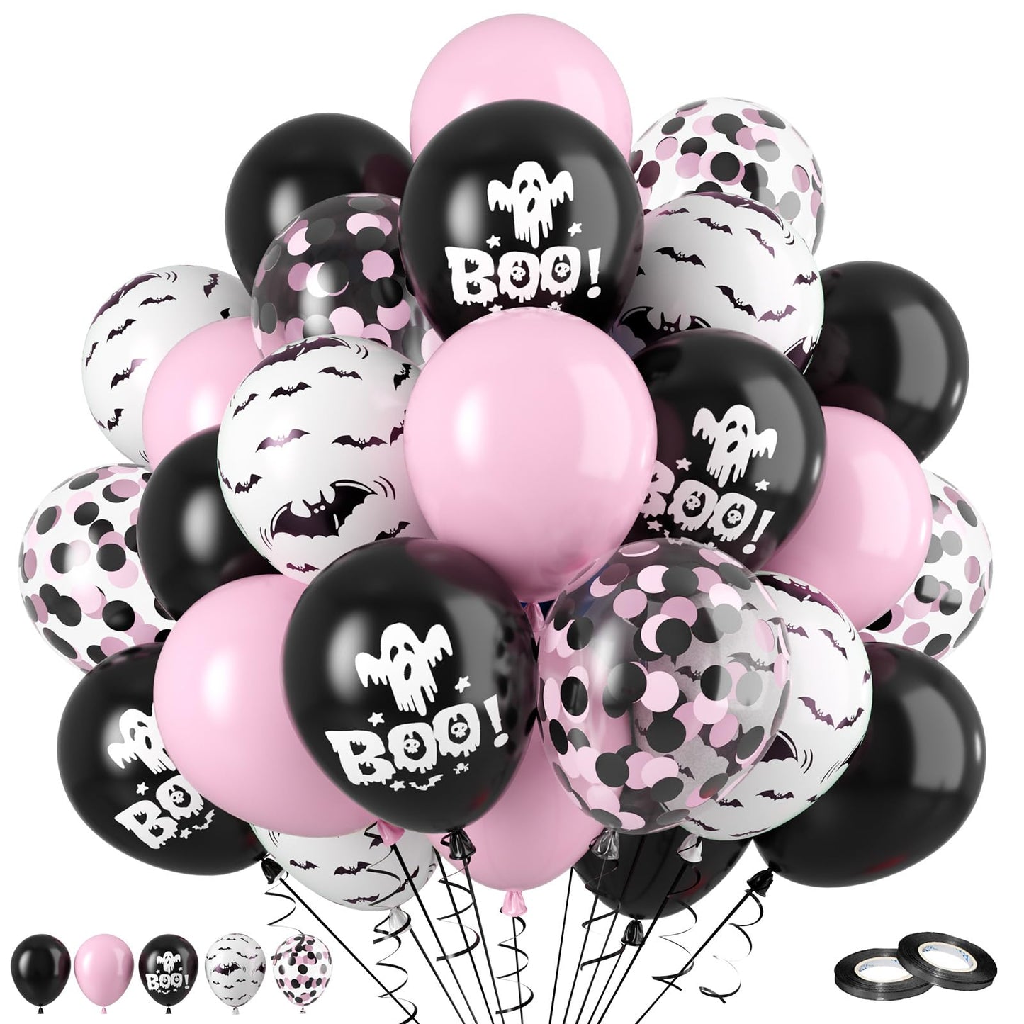 FunHot Halloween Party Balloons, 60Pcs Pink Black Halloween Balloon, 12 Inch Black Pink Confetti Balloons Bat Ghost BOO Printed Pattern Balloon with Ribbons for Kids Birthday Halloweens Decoration