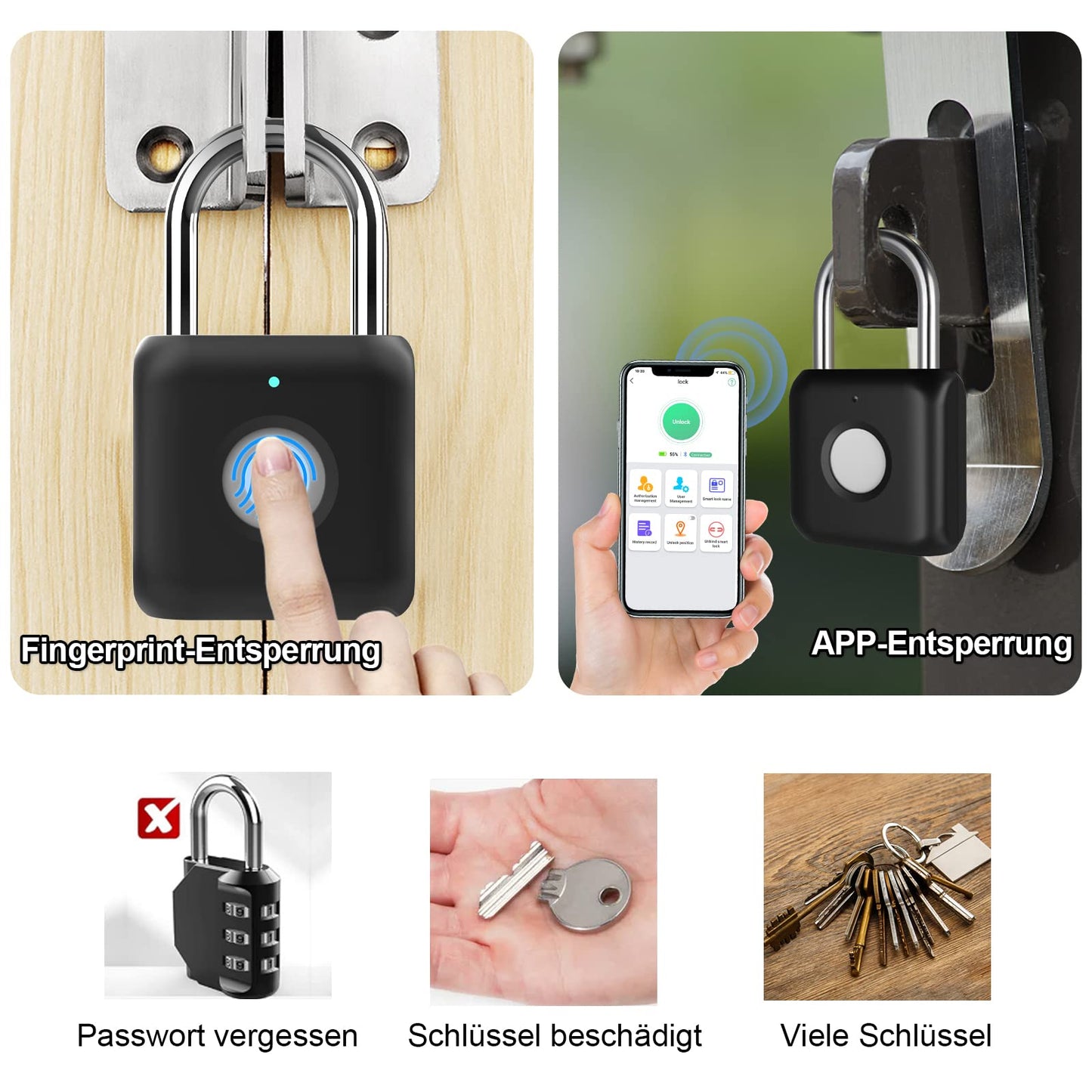 Fingerprint Padlock Phone Watch App Gym Locker Lock: Keyless Padlock eLinkSmart Combination Lock - Black Metal Bluetooth Remote Padlock for Locker Backpack Suitcase Luggage