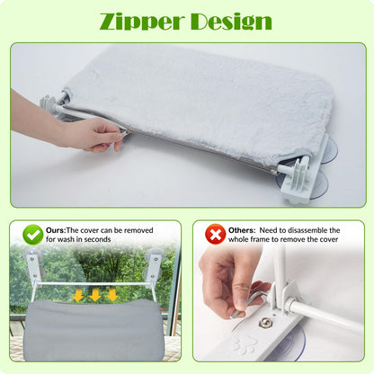 keny Cordless Cat Window Perch, Foldable Cat Window Hammock with 4 Suction Cups, Reversible Cover with Two Different Kinds of Fabrics, 40Lbs Load Capacity Sturdy Cat Window Bed for Cats Inside, Grey