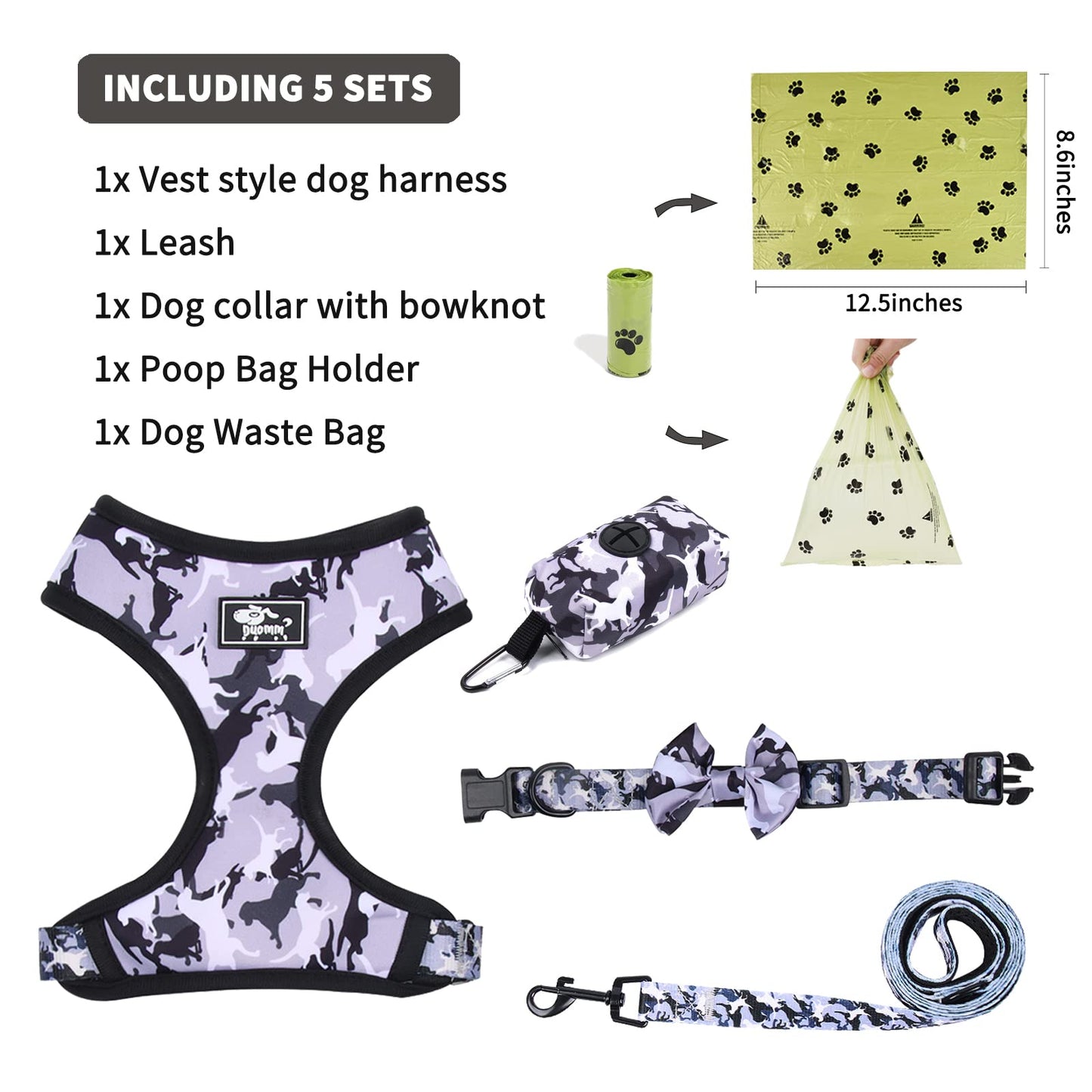 Dog Harness and Leash Set for Small Dogs, Adjustable Reflective No Pull Dog Vest Harness for Puppy with Bow-tie Collar, Leash and Poop Bag (M, Grey Camouflage)