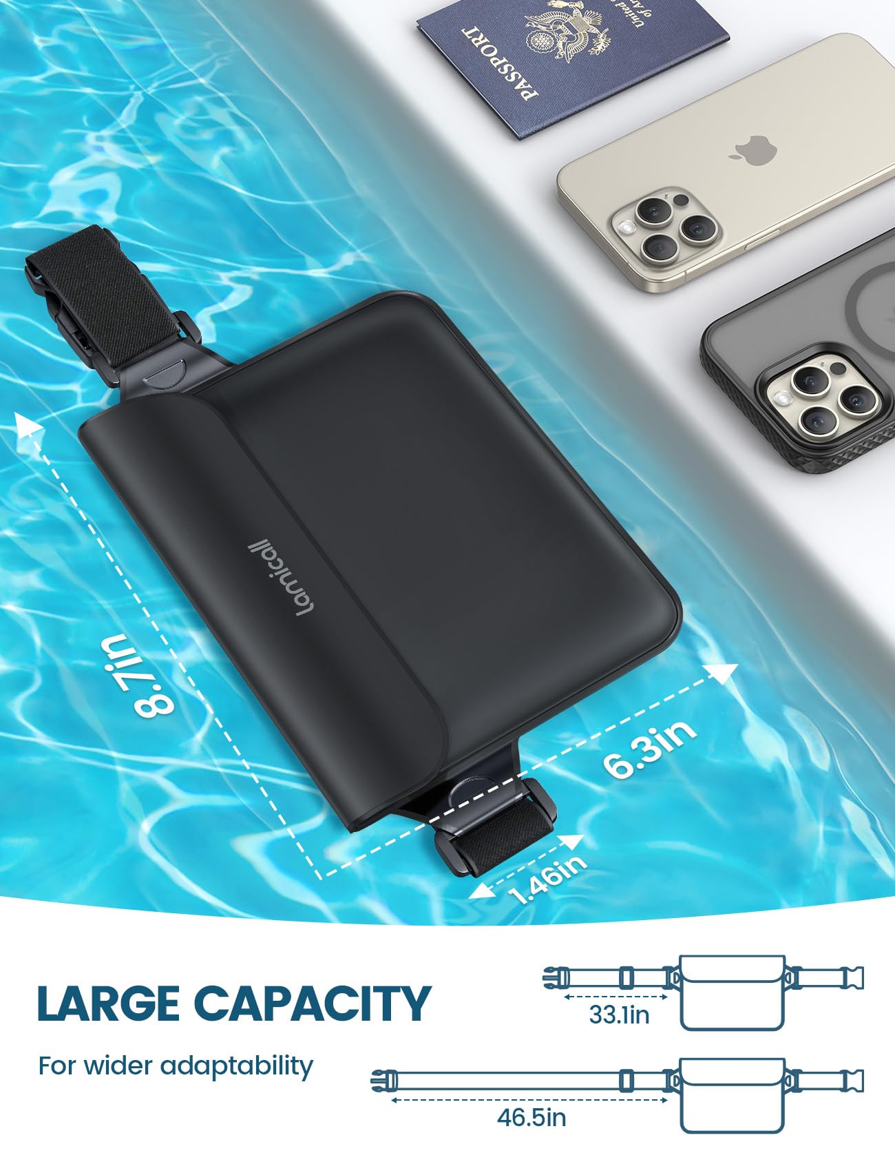 Lamicall [2Pack] Waterproof Fanny Packs, Dry Bag Pouch - [Elastic Waist Strap] Phone Waterproof Waist Pouch Dry Bag, Beach, Kayaking, Swimming, Cruise Essentials, 8.7” for iPhone 16 15 14 13 Pro Max