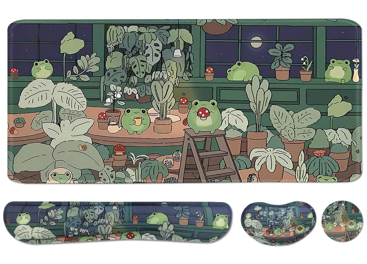 Large Mouse Pad Set, Cute Extended Mouse Pad+Keyboard Wrist Rest Support Desk Pad Memory Foam Ergonomic Easy Typing, 35.4×15.7 in Desk Mat Set for Home Office Study Game - Frog