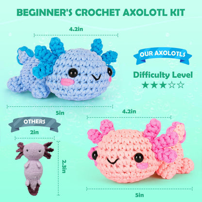 Crochetta Crochet Kit for Beginners, Crochet Starter Kit w Step-by-Step Video Tutorials, Easy Beginner Crochet Kit for Adults & Kids, Women & Men, Complete Kit Included (Axolotl 2Pack)