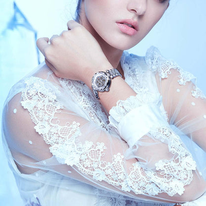 FORSINING Women Automatic Mechanical Watches Skeleton Steampunk Watch with Diamond and Carving Flower Craft Cold Watch for Women Minimalist Retro Design Mechanical Skeleton Wrist Watch Transparent