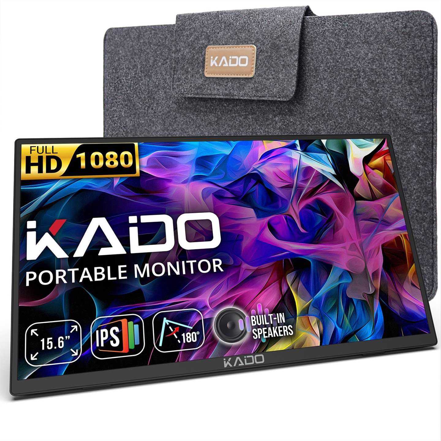 Kado Portable Monitor 15.6-Inch FHD 1080p, USB-C mini-HDMI Gaming Monitor IPS Display Built-in Speakers, External Display 180° Kickstand Wall/Arm Mount for Laptop PC Phone Mac Xbox PS4/PS5 Switch