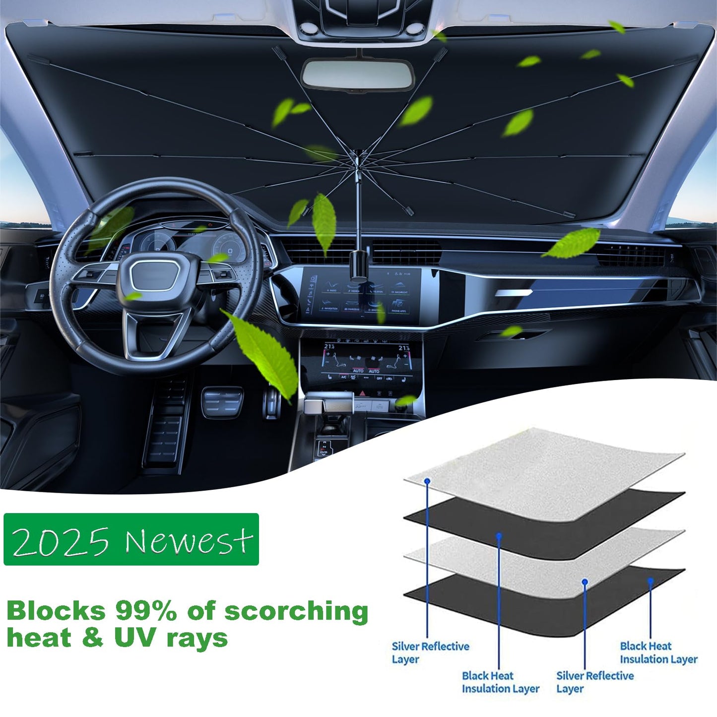 Coricha Windshield Sun Shade 2025 Car Accessories 100% Blackout Car Front Windsow Shades Umbrella Automotive Sun Visor Block Heat Insulation Protection (Black Eyes)