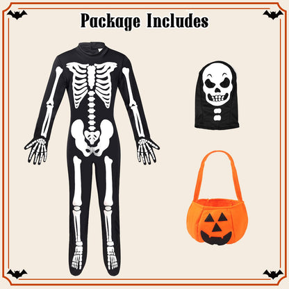 FAYBOX Skeleton Costume Glow in The Dark for Kids Toddler, Halloween Fortnite Onesie for Boy Girls with Pumpkin Candy Bag(5-7)