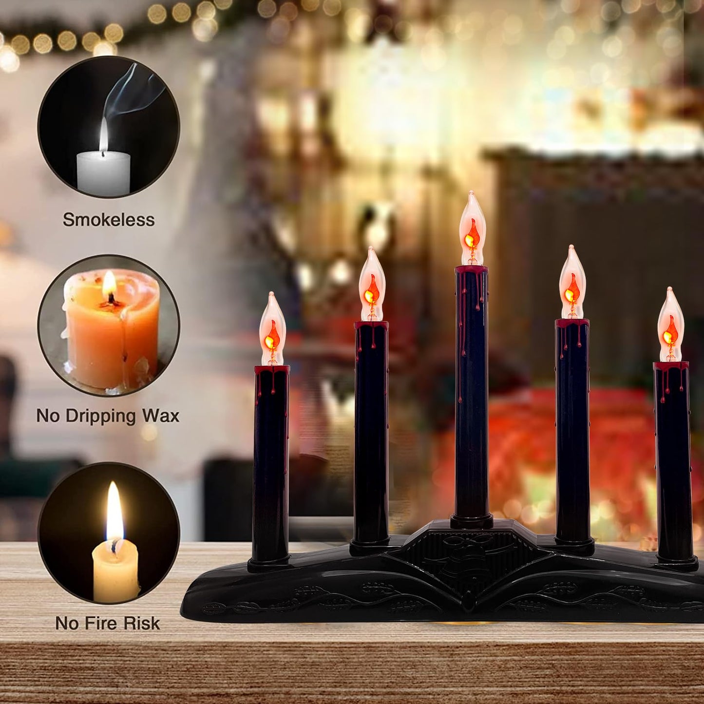 1 Pack Halloween Electric Candle Lamps, 5 Light Black Flameless Candle with 5 C18 Orange Flicker Flame Bulb, Plug in Flickering Window Candle Holder for Halloween Party Home Table Bar Holiday Decor