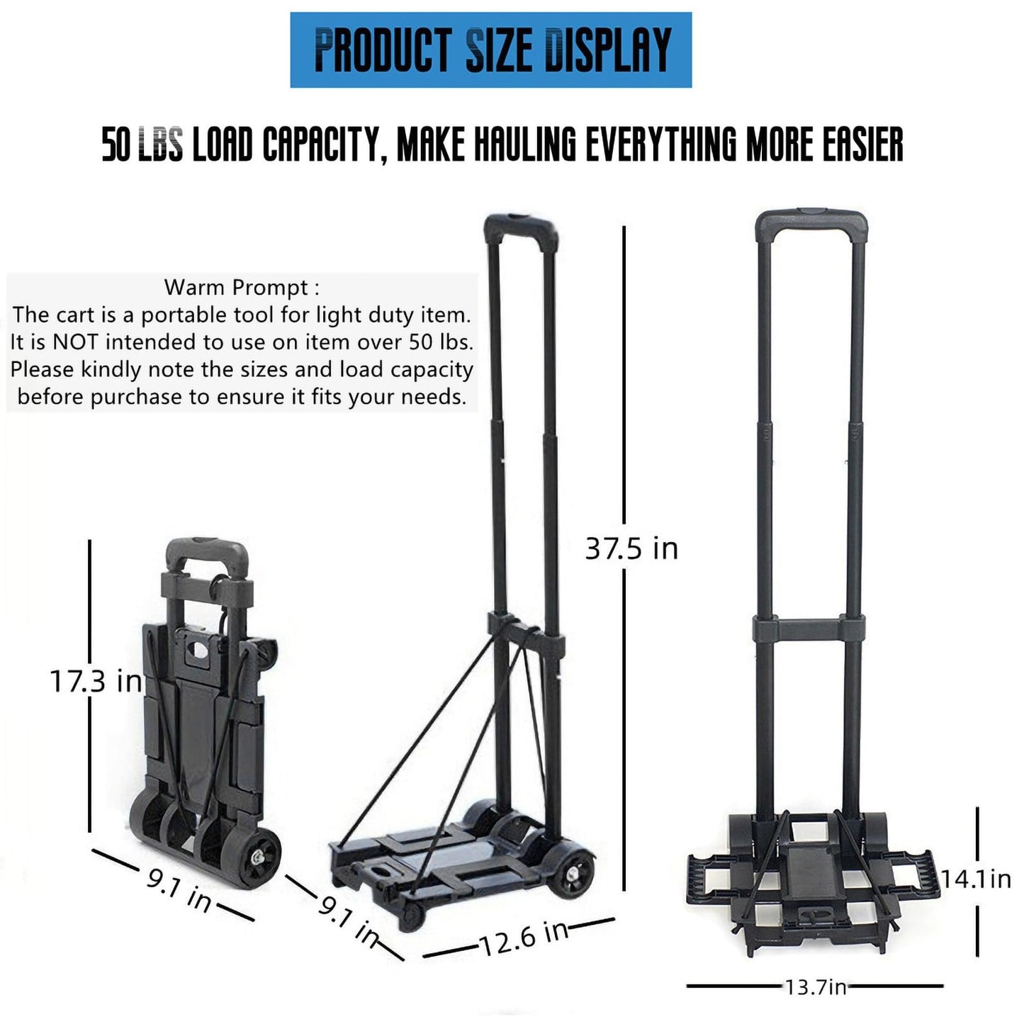 Folding Luggage Cart with Expandable Chassis,2 Wheels Folding Hand Truck Dolly,Collapsible Light Duty Dolly for Moving Shopping Travel Office Use,50lbs(Black)