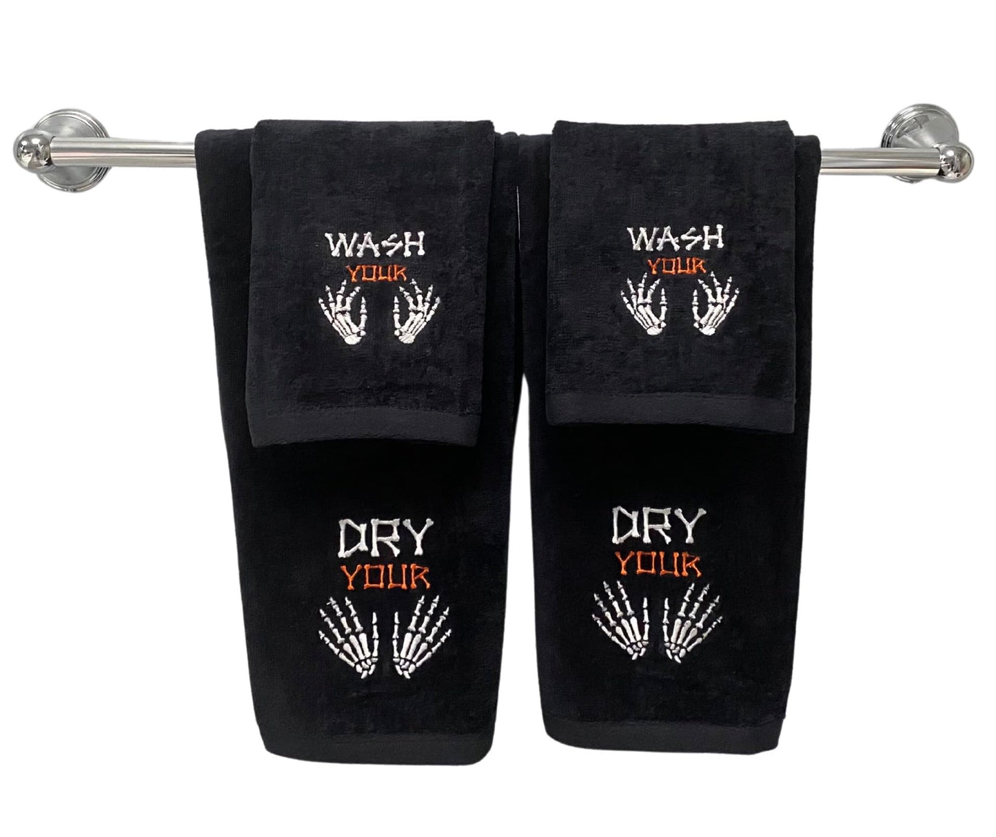 Halloween Fingertip Bathroom Towels Set of 2 – 12" x 18" Black 100% Cotton with Funny “Wash Your Hands or Bones” Design – Spooky & Humorous Bathroom and Kitchen Decor