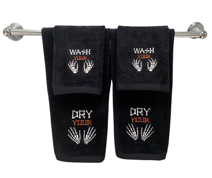 Halloween Fingertip Bathroom Towels Set of 2 – 12" x 18" Black 100% Cotton with Funny “Wash Your Hands or Bones” Design – Spooky & Humorous Bathroom and Kitchen Decor