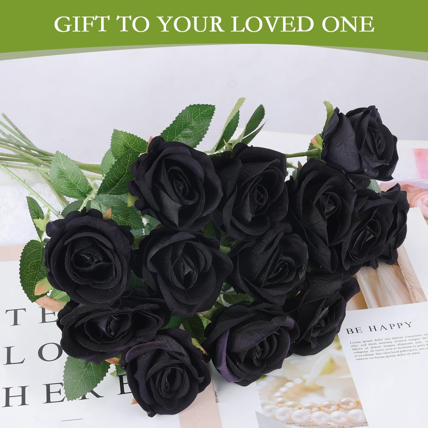 Hananona 50 Pcs Artificial Roses in Bulk, Fake Velvet Silk Roses Realistic Black Roses for Wedding Centerpieces Flower Arrangement Home Decor (50, Black)
