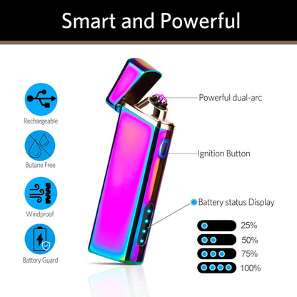 Electric Arc Windproof Plasma Lighter - USB Rechargeable, Upgraded Battery Indicator - Multichrome
