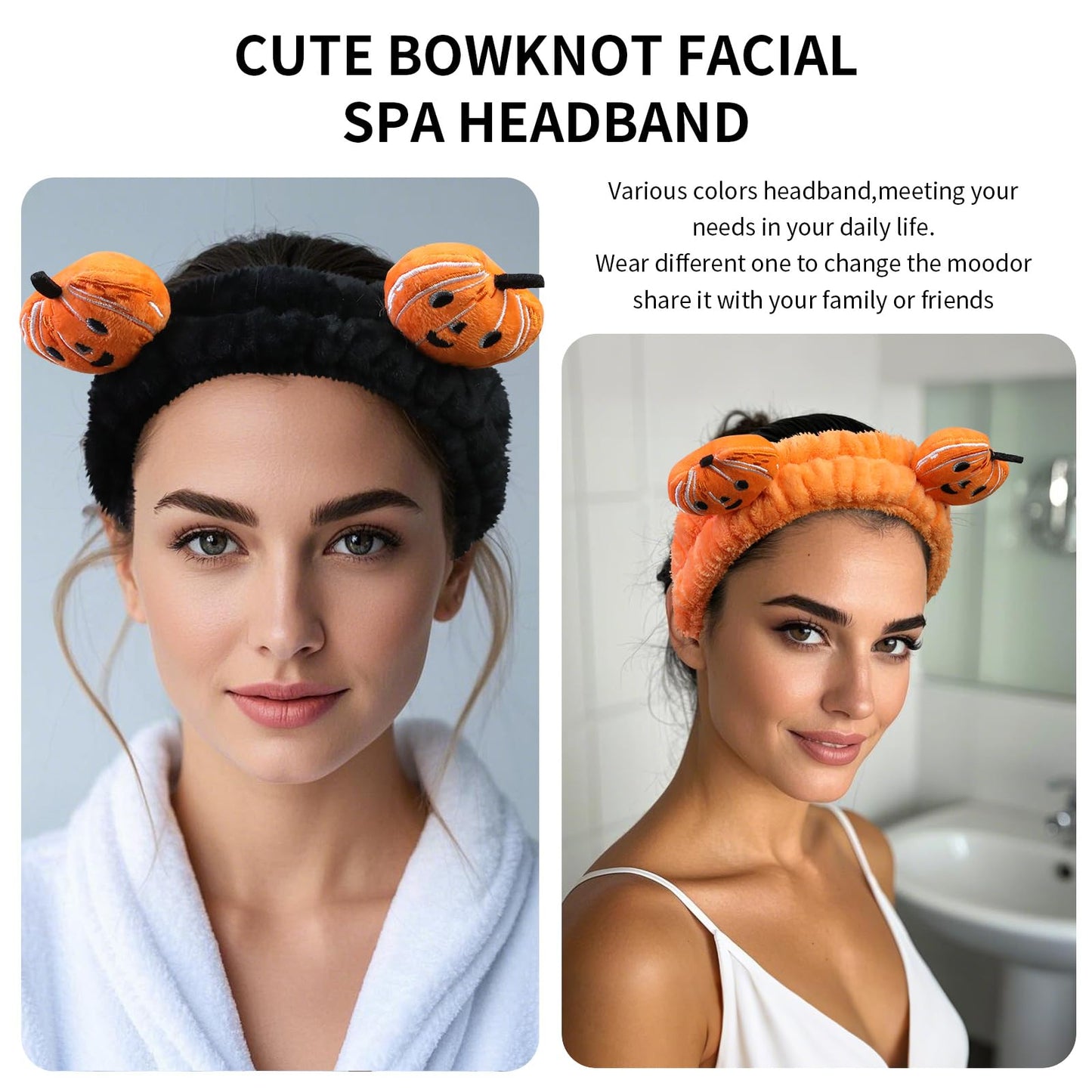 FlyingMage Spa Headband for Washing Face, 2 Pack Cute Halloween Hair Band for Shower Yoga Beauty, Fluffy Makeup Headband, Kawaii Facial Headbands for Woman Girls, Orange+Black Pumpkin