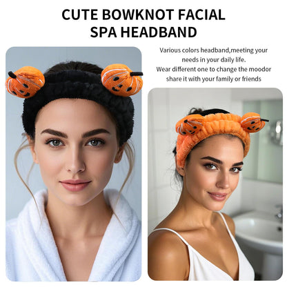 FlyingMage Spa Headband for Washing Face, 2 Pack Cute Halloween Hair Band for Shower Yoga Beauty, Fluffy Makeup Headband, Kawaii Facial Headbands for Woman Girls, Orange+Black Pumpkin