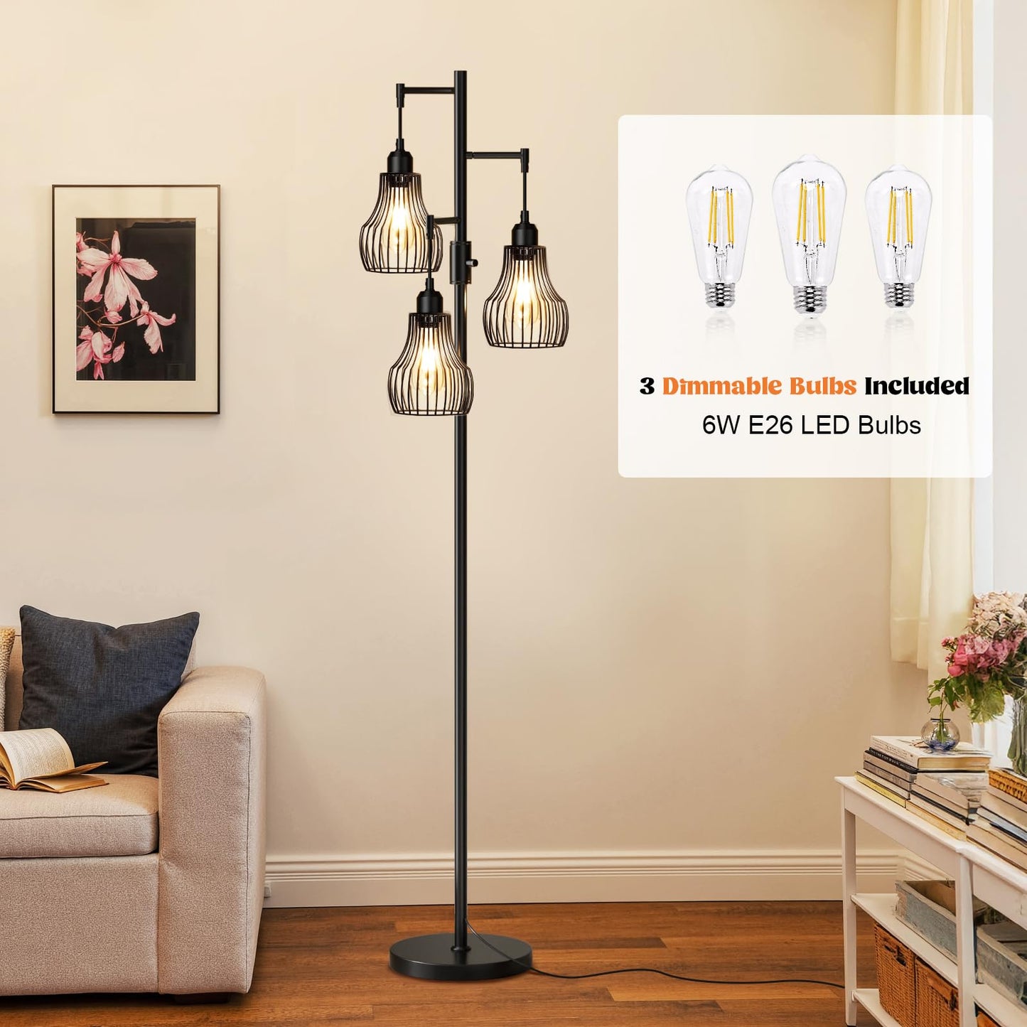 Dimmable Floor Lamp, 3 x 800LM LED Edison Bulbs Included, Farmhouse Industrial Floor Lamp Standing Tree Lamp with Elegant Cage Tall Lamps for Living Room Bedroom Office - Black