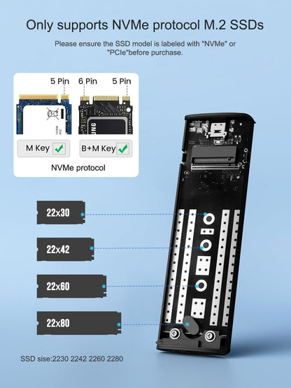 Lemorele M.2 NVMe Enclosure,USB 3.2 Gen2 10Gbps Tool-Free ,SSD Enclosure for NVMe PCIe M-Key,Nvme USB Adapter Support UASP Trim for 2280 2260 2242 2230(Sata NOT Supported)