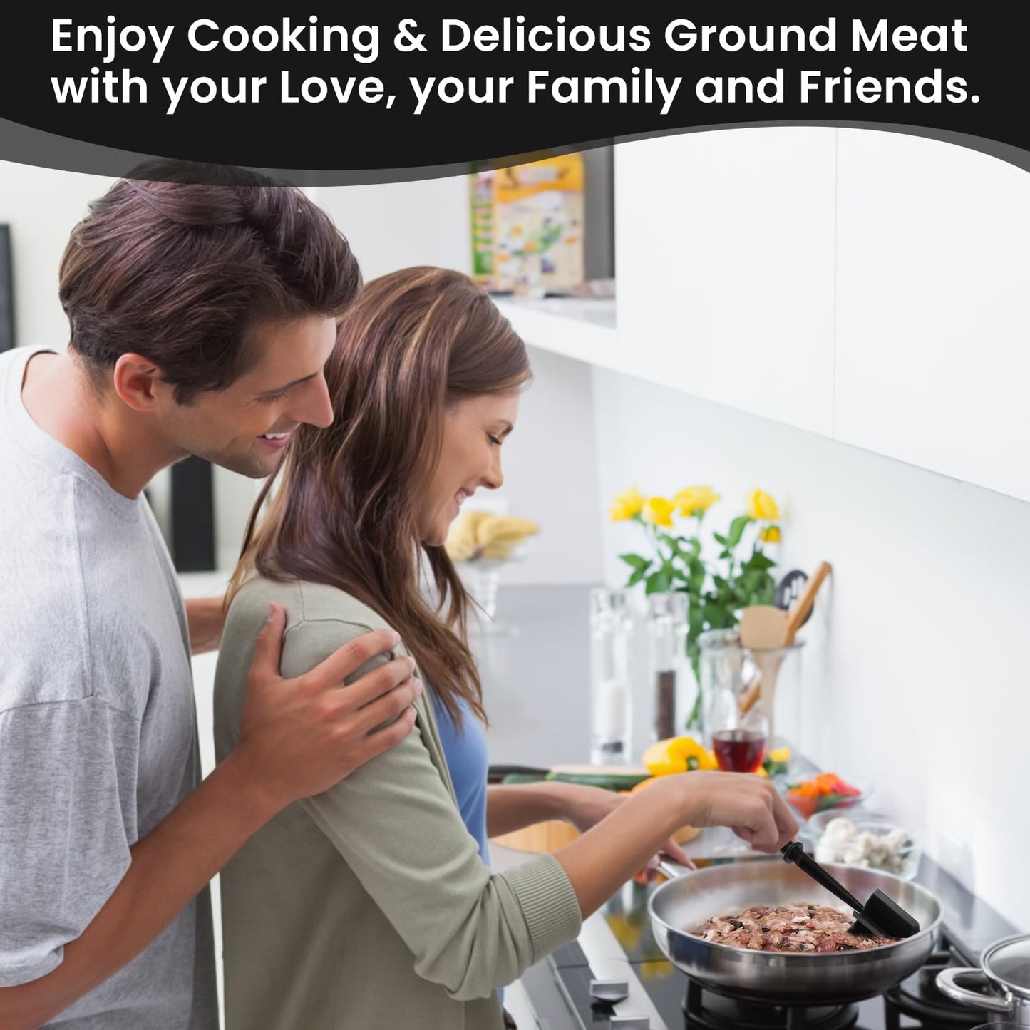 CUNSENR Premium Meat Chopper - 5 Curve Blade Ground Beef Smasher Tool - Heat-Resistant Nylon Meat Masher for Ground Beef, Hamburger, Potatoes - Non-Stick Ground Meat Chopper for Easy Mixing - Black