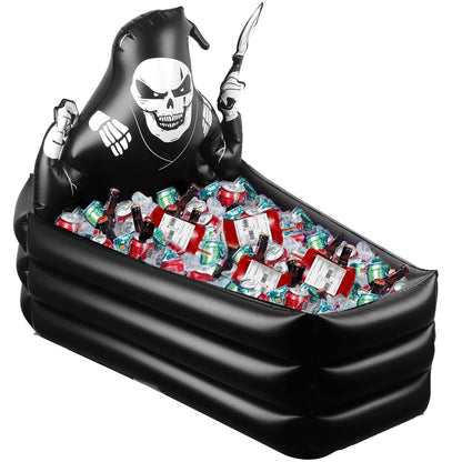 44 Inch Inflatable Grim Reaper Coffin Cooler Halloween Party Supplies 120+ Cans Large Capacity Inflatable Drink Holder for Indoor Outdoor Home Halloween Birthday Party Decorations, Black