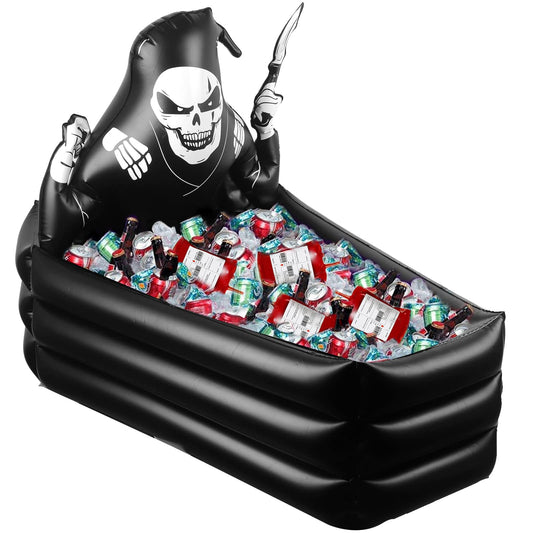 44 Inch Inflatable Grim Reaper Coffin Cooler Halloween Party Supplies 120+ Cans Large Capacity Inflatable Drink Holder for Indoor Outdoor Home Halloween Birthday Party Decorations, Black
