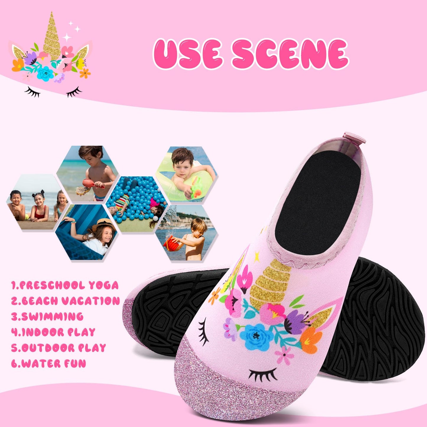 Kids Water Shoes Girls Boys Outdoor Quick Dry Barefoot Aqua Socks for Toddler Sport Beach Swim Surf A-Bling Unicorn 1-2 Big Kid