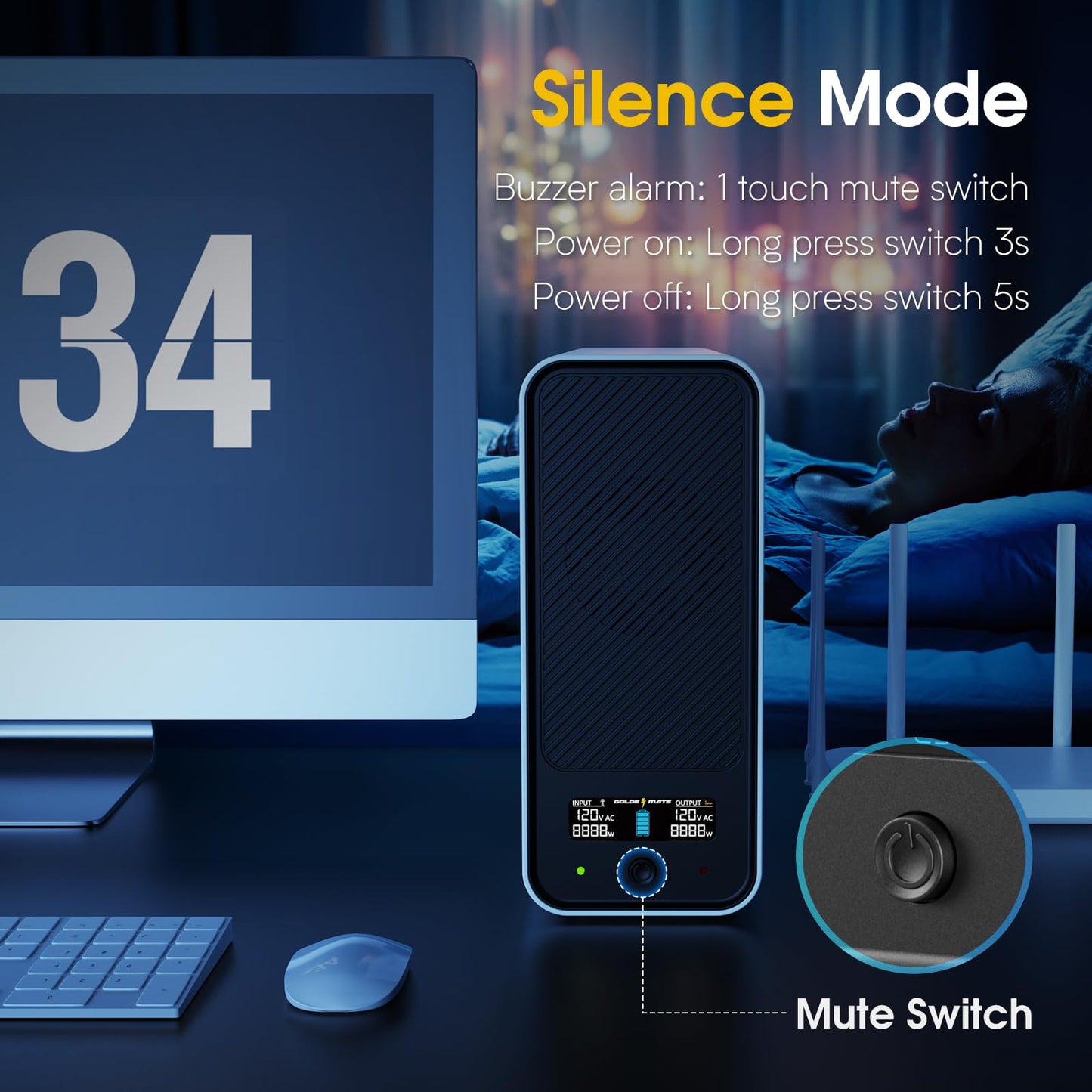 GOLDENMATE 1000VA/800W Lithium UPS Battery Backup and Surge Protector, Backup Battery Power Supply with LiFePO4 Batteries(230.4 Wh), Sinewave UPS System, 10 Years Lifespan, 8 Outlets, LCD Display