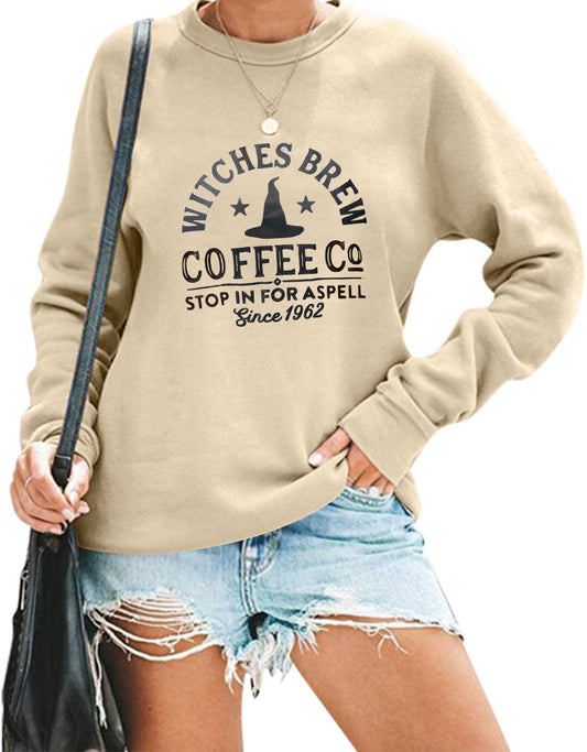 Halloween Sweatshirts for Women Witches Brew Sweatshirt Funny Spooky Season Sweatshirt Ghost Fall Sweater Pullover Tops Apricot