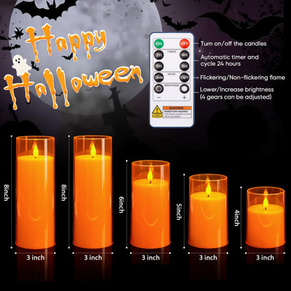 Homemory Halloween Orange Flameless Candles, Battery Operated LED Candles with Remote and Timer, Candles for Halloween Decoration, Fall, Harvest Festival, Set of 5